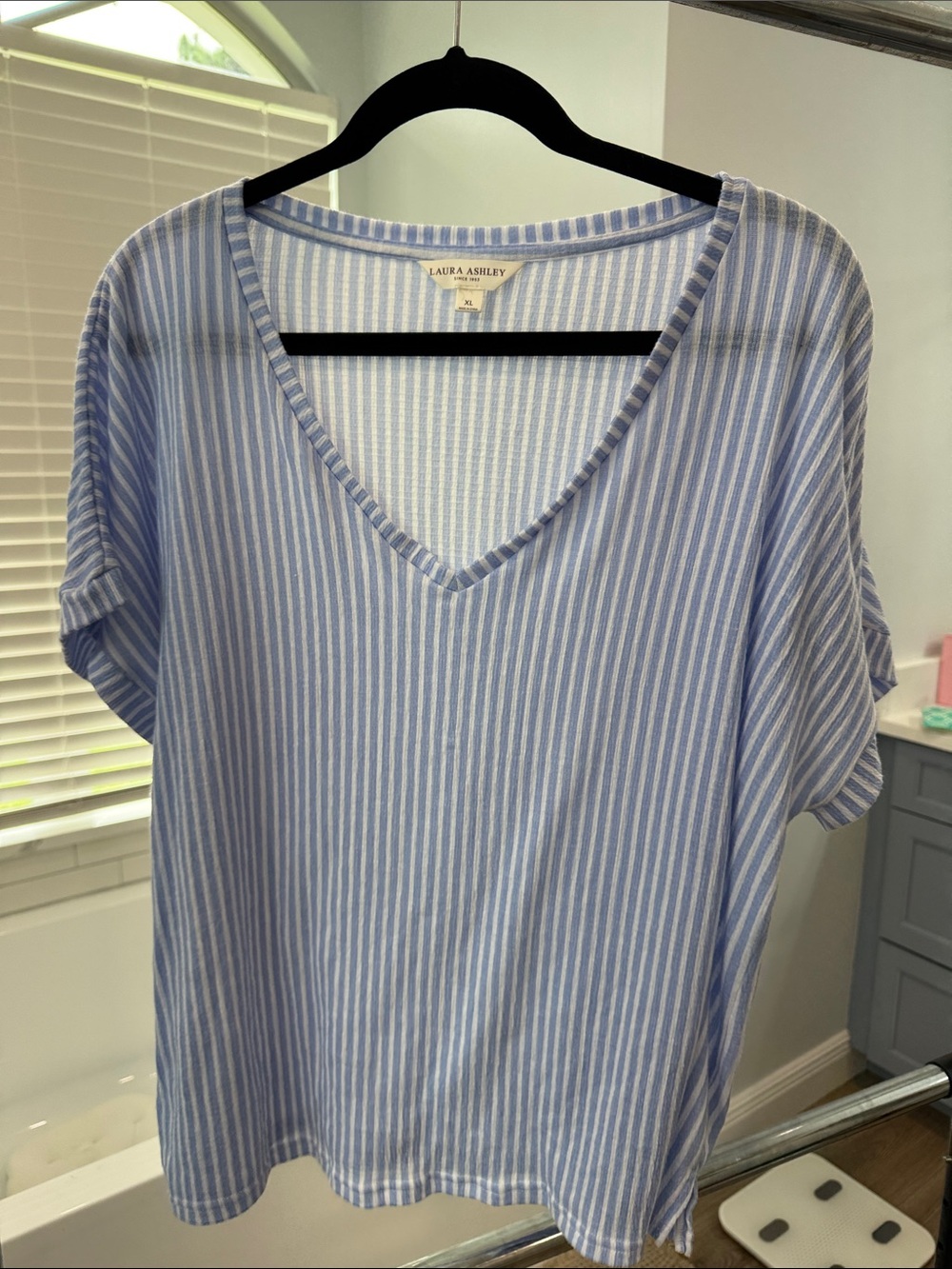 Laura Ashley Light Blue & White Striped V-Neck Short Sleeve Top